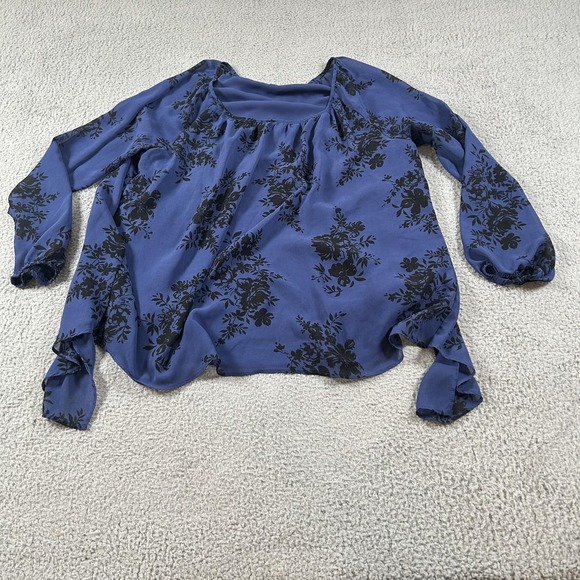torrid Tops - Torrid Shirt Womens 2 Blue Black Floral‎ Sheer Long Sleeve Split Back Blouse
